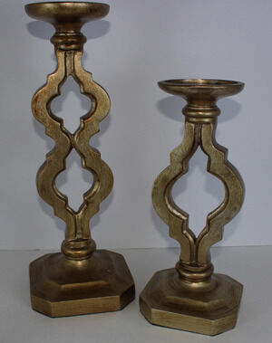 Set of 2 Gold Tone Quartrefoil Candle Holders 13.5" & 10"